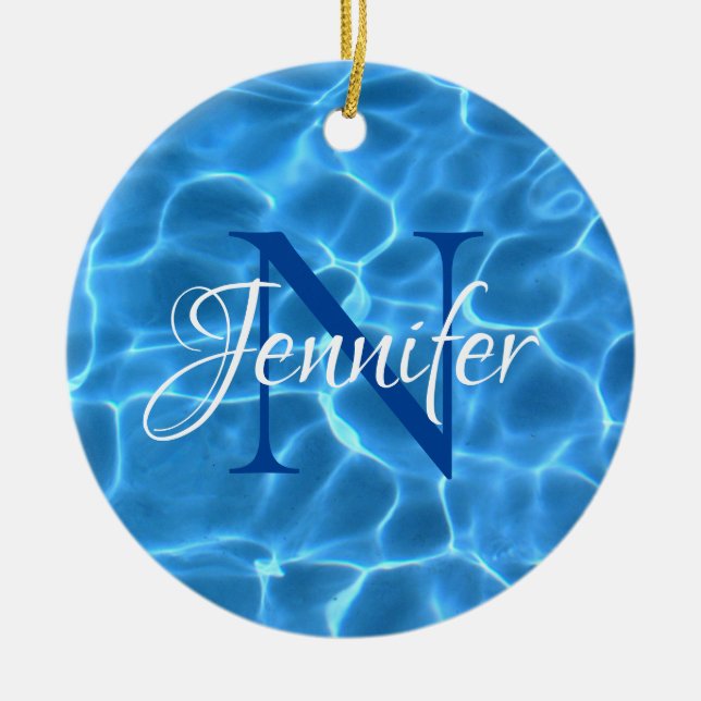 Akblå simbassäng Foto Monogram Julgransprydnad Keramik (Framsidan)
