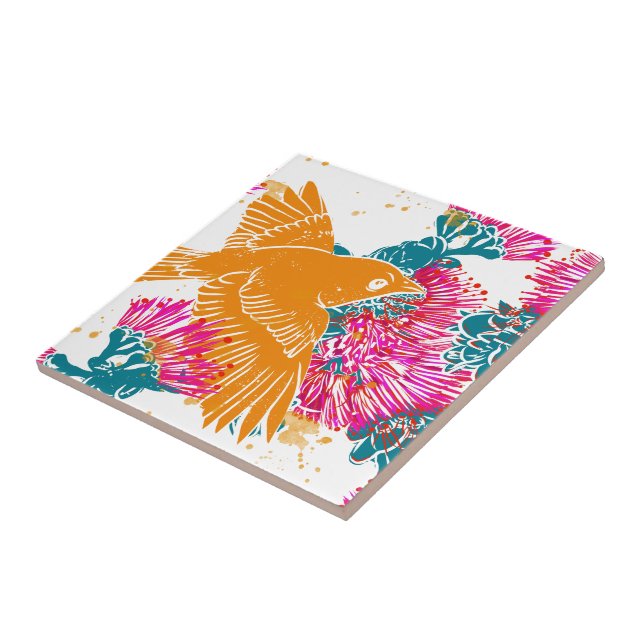 Akepa och Lehua Hawaiian mönster decor Pillow Kakelplatta (Sidan)