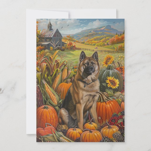 Akita Autumn Harvest Thanksgiving Hund Julkort (Framsida)