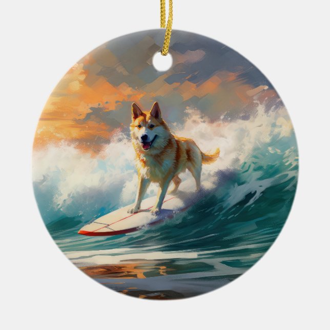 Akita Beach Surfing Painting Julgransprydnad Keramik (Framsidan)