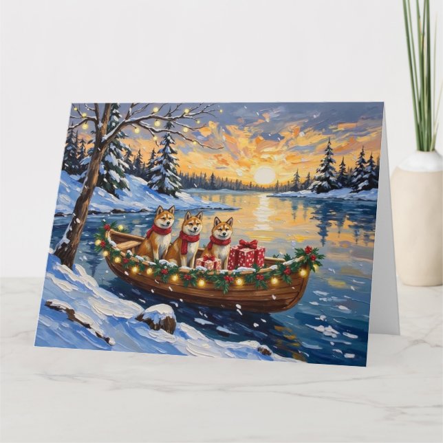 Akita Christmas Boat Holiday Kort (Framsida)