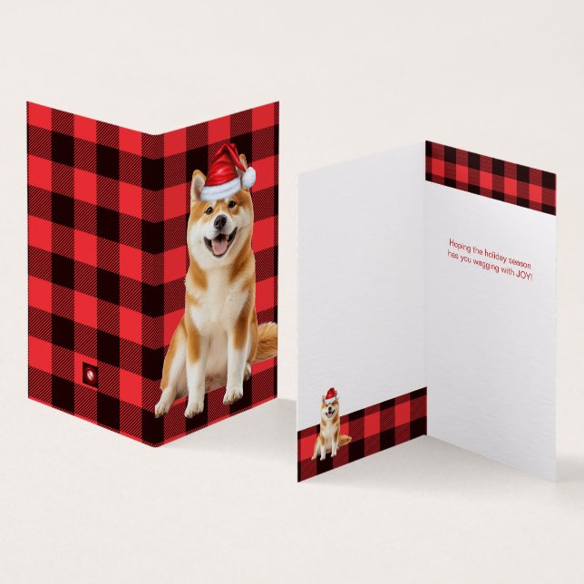 Akita Christmas Dog with Holiday Red Buffalo Plaid Kort (In- och utsida)