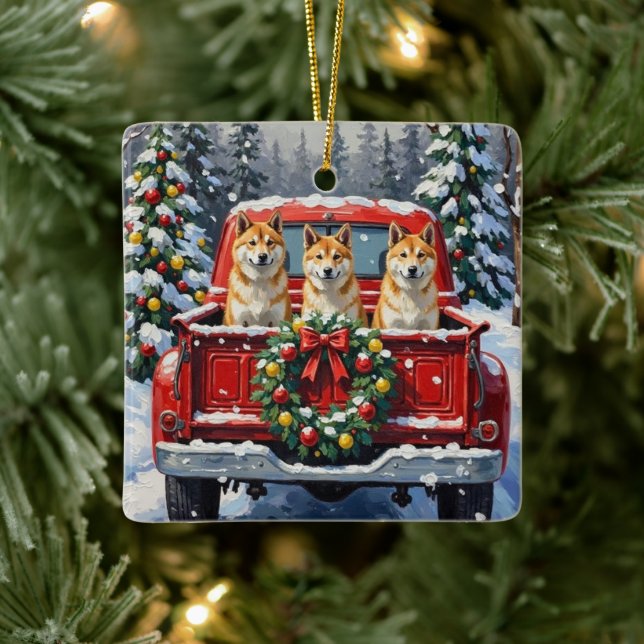 Akita Christmas Red Truck Holiday Julgransprydnad Keramik (Träd)