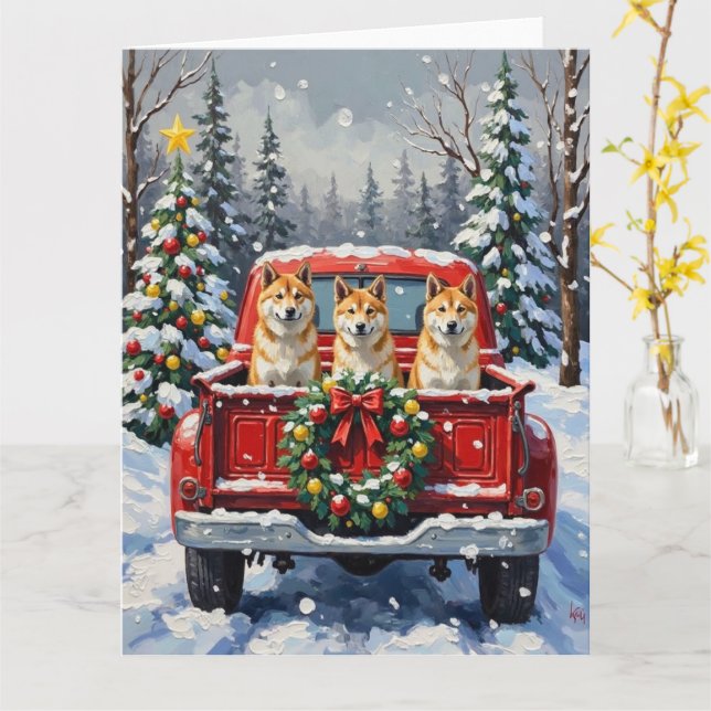 Akita Christmas Red Truck Holiday Kort (Gul blomma)
