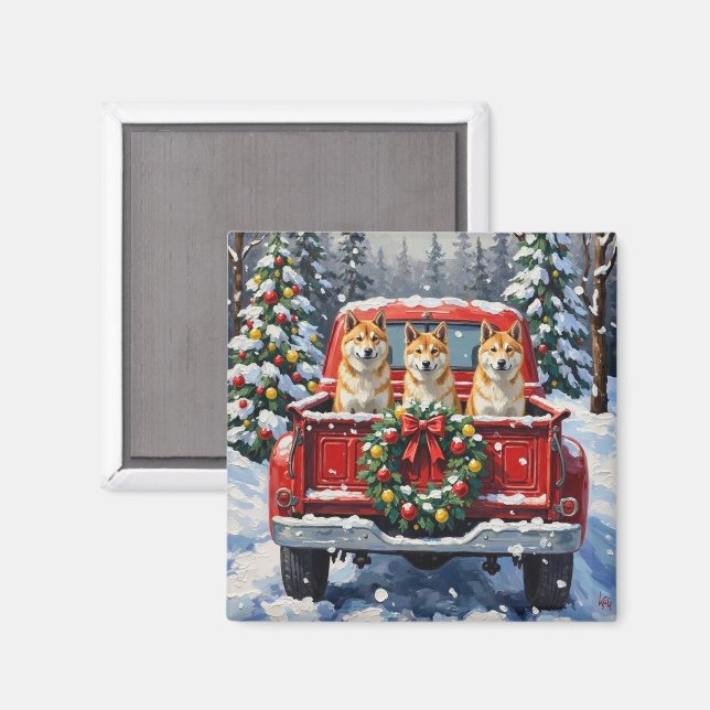 Akita Christmas Red Truck Holiday Magnet (Front/Back)