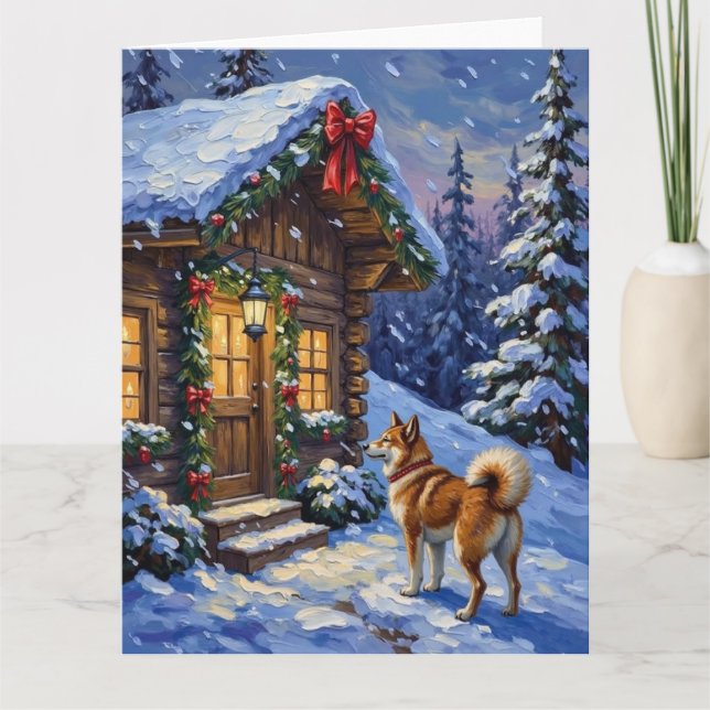 Akita Dog Christmas Log Cabin Holiday Kort (Framsida)