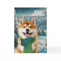 Akita Dog in Winter Scarf Merry Woofmas