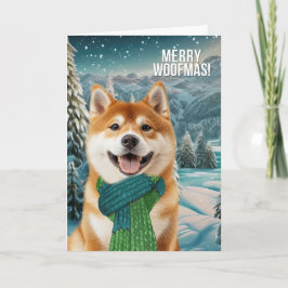 Akita Dog in Winter Scarf Merry Woofmas Helgkort