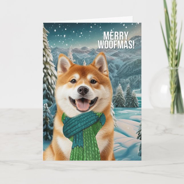 Akita Dog in Winter Scarf Merry Woofmas Helgkort (Framsida)