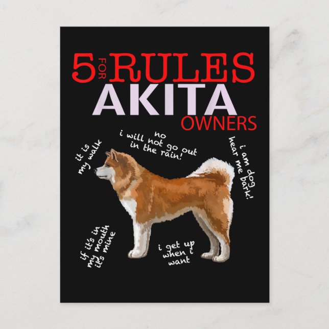 Akita Hund | 5 Regler Akita Hund Ägare Meddelande Vykort (Framsida)