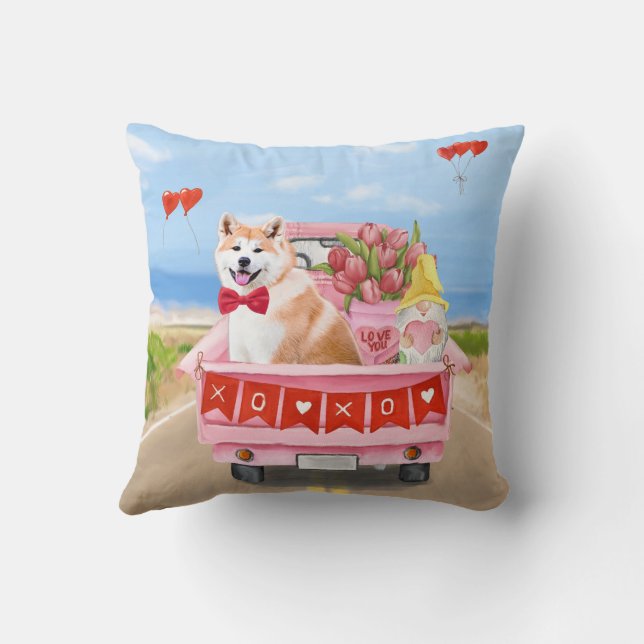 Akita Hund Alla Hjärtans Dags Lastbil Hjärtan Kudde (Baksida)