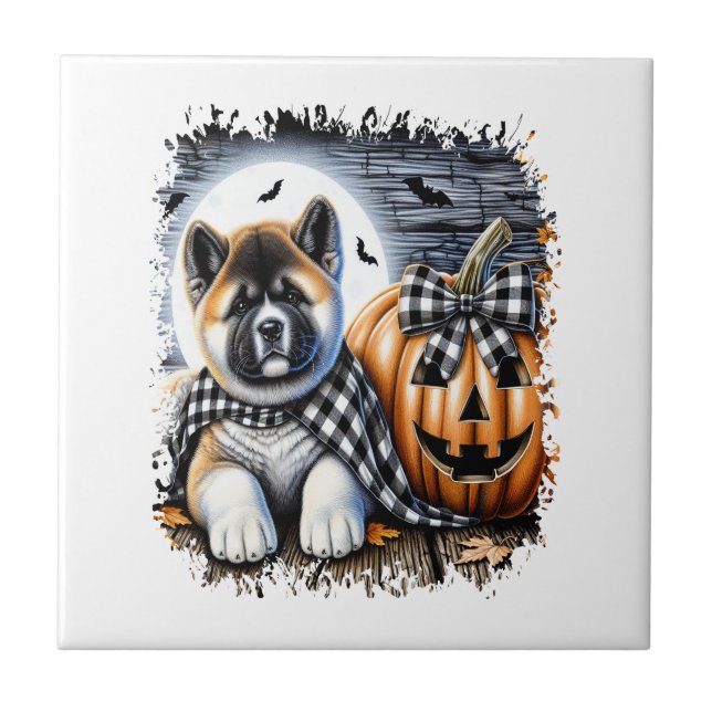 Akita Hund Halloween Fyrkant Kakelplatta (Framsidan)
