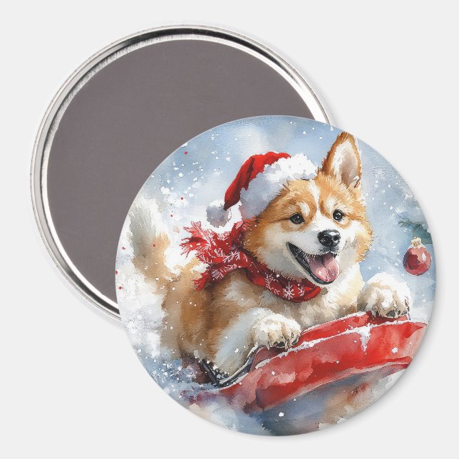 Akita Hund i Släd Låt det Snöa Jul Magnet (Front/Back)