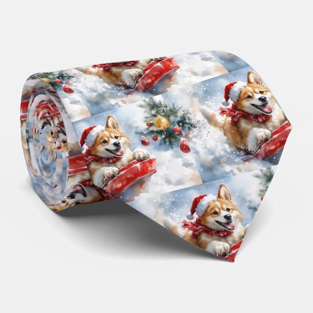 Akita Hund i Släd Låt det Snöa Jul Slips (Rullad)