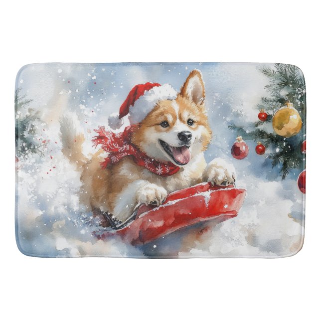 Akita Hund i Släde Låt det Snöa Jul Badrumsmatta (Framsidan)