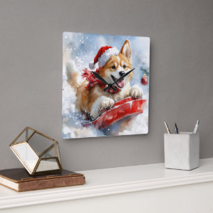 Akita Hund i Släde Låt det Snöa Jul Fyrkantig Klocka