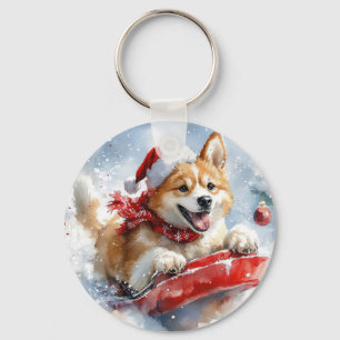Akita Hund i Släde Låt det Snöa Jul Nyckelring