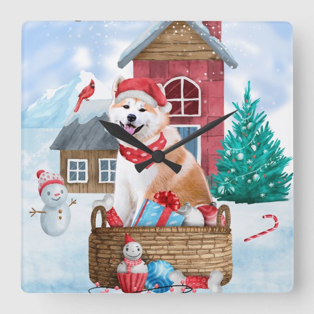 Akita Hund I snö Jul Hund Hus Fyrkantig Klocka (Framsida)