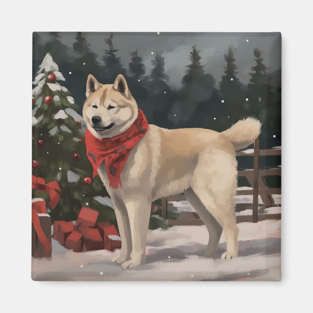 Akita Hund i Snö-jul Magnet (Framsidan)