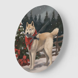 Akita Hund i Snö Jul Stor Klocka