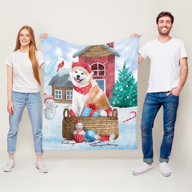 Akita Hund i snö julhus Hund House Fleecefilt (På plats)