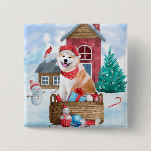 Akita Hund i snö julhus Hund House Knapp