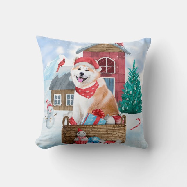Akita Hund i snö julhus Hund House Kudde (Framsida)