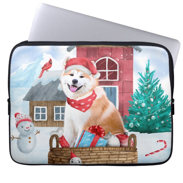 Akita Hund i snö julhus Hund House Laptop Fodral (Framsidan)