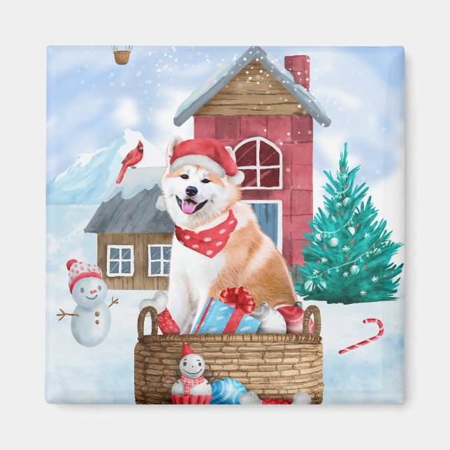 Akita Hund i snö julhus Hund House Magnet (Framsidan)