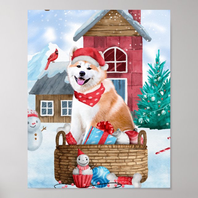 Akita Hund i snö julhus Hund House Poster (Framsidan)
