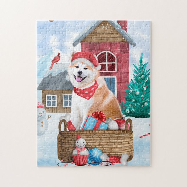 Akita Hund i snö julhus Hund House Pussel (Vertikal)