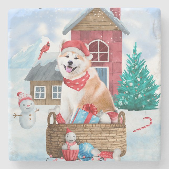 Akita Hund i snö julhus Hund House Stenunderlägg (Framsidan)