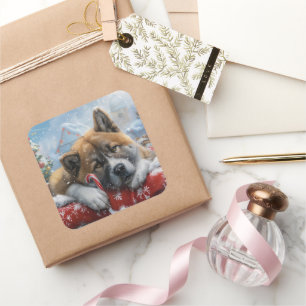 Akita Hund Jul Festivitet Fyrkantigt Klistermärke