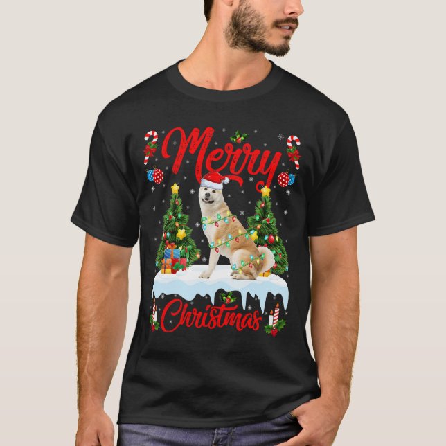 Akita Hund Julafton Träd Ljus Santa Akita jul T T Shirt (Framsida)