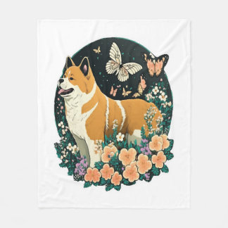 Akita Hund med Flower och Butterfly T Shirt Fleecefilt