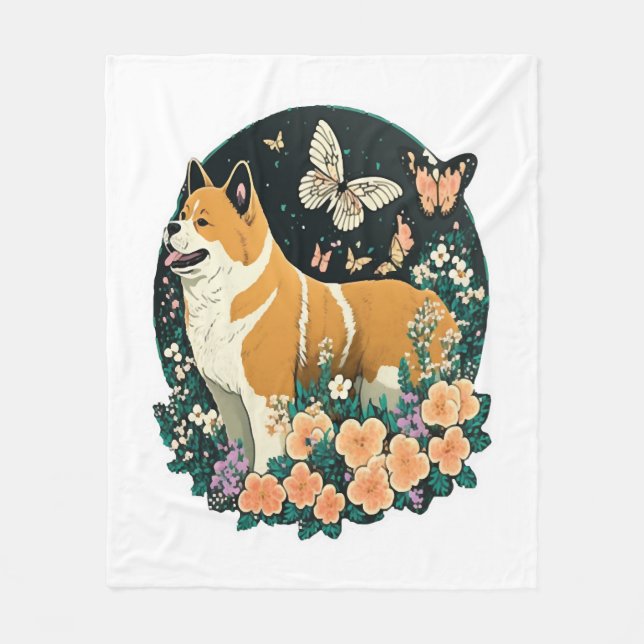 Akita Hund med Flower och Butterfly T Shirt Fleecefilt (Framsidan)