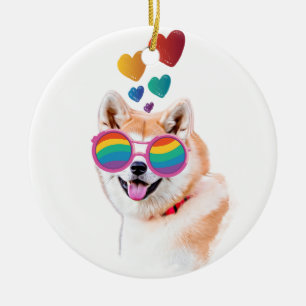 Akita Hund med hjärtans Alla hjärtans dag Julgransprydnad Keramik