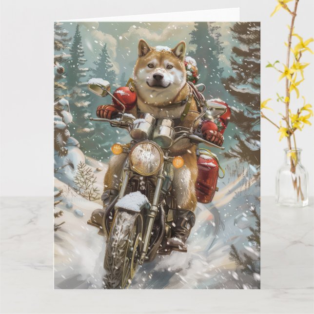 Akita Hund Riding Motorcykel jul Kort (Gul blomma)