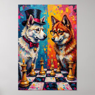 Akita Hund som Spelar Schack Pop Art Poster