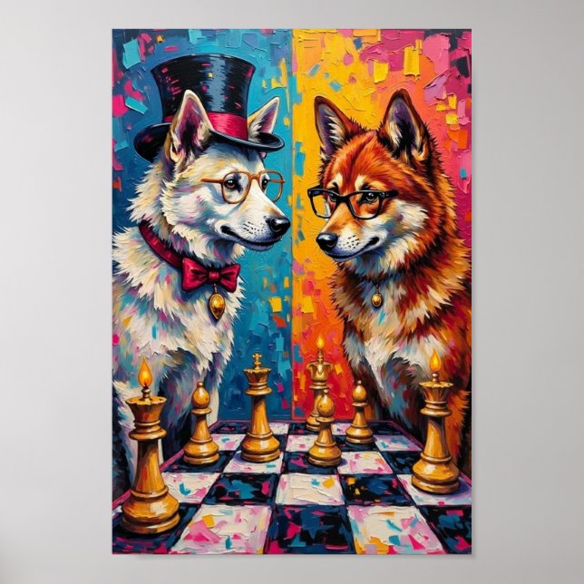Akita Hund som Spelar Schack Pop Art Poster (Framsidan)