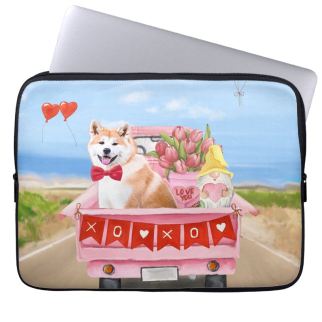 Akita Hund Valentindagen Lastbil Hearts Laptop Fodral (Framsidan)