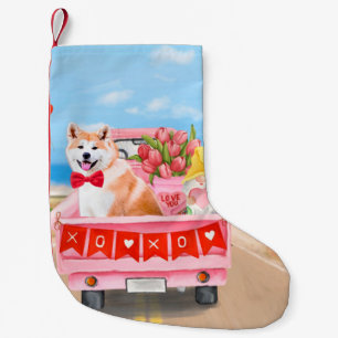 Akita Hund Valentindagen Lastbil Hearts Liten Julstrumpa
