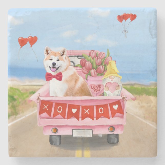 Akita Hund Valentindagen Lastbil Hearts Stenunderlägg (Framsidan)