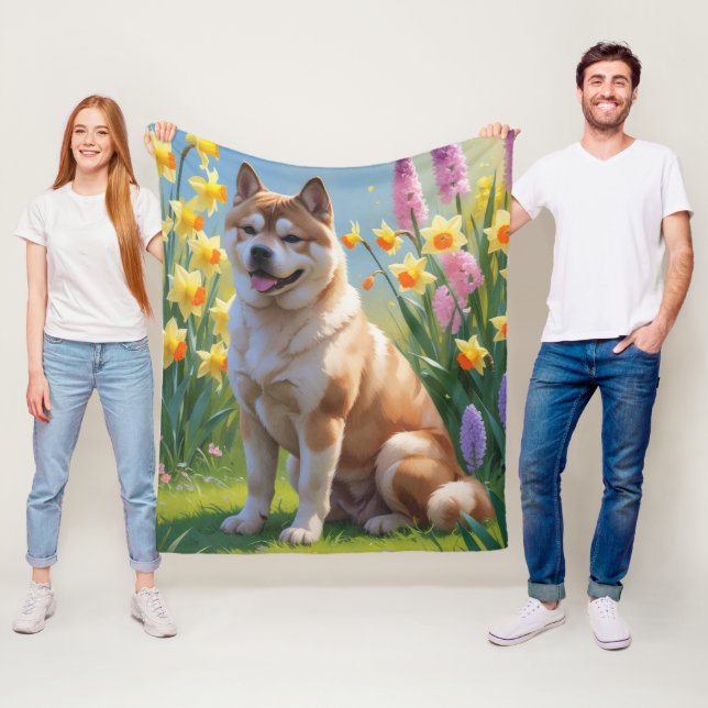 Akita Hund Vår blommor Painting Fleecefilt (På plats)