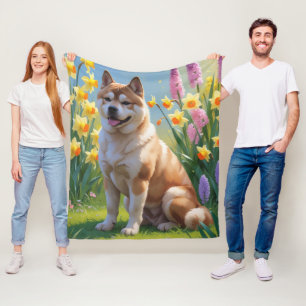 Akita Hund Vårblommor Målning Fleecefilt
