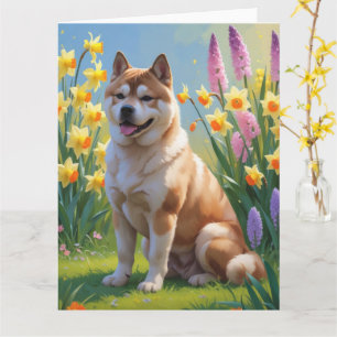 Akita Hund Vårblommor Målning Kort