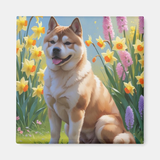 Akita Hund Vårblommor Målning Magnet (Framsidan)