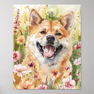 Akita Hund Watercolor Poster - Cute Blommigt Art P