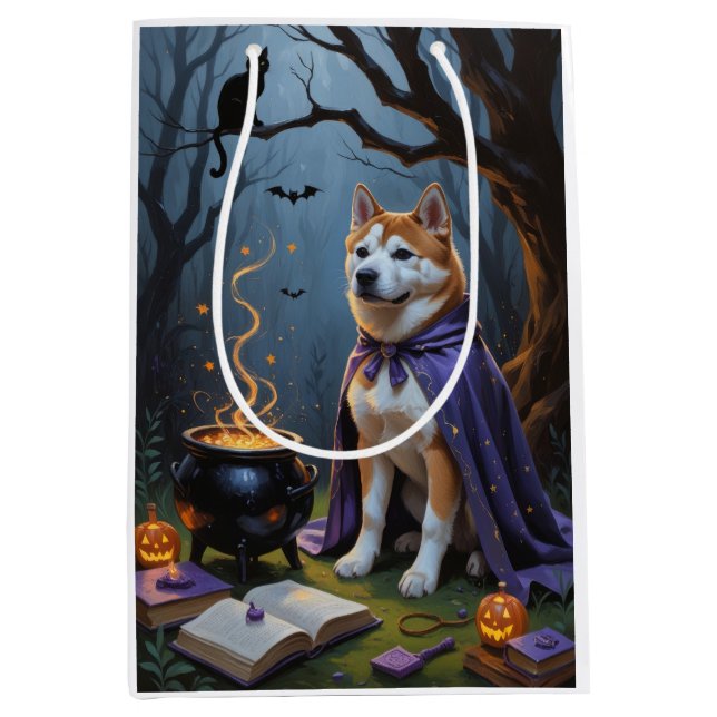 Akita Hund Whimsical Halloween-målning (Framsidan)