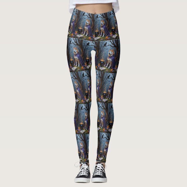 Akita Hund Whimsical Halloween-målning Leggings (Framsida)